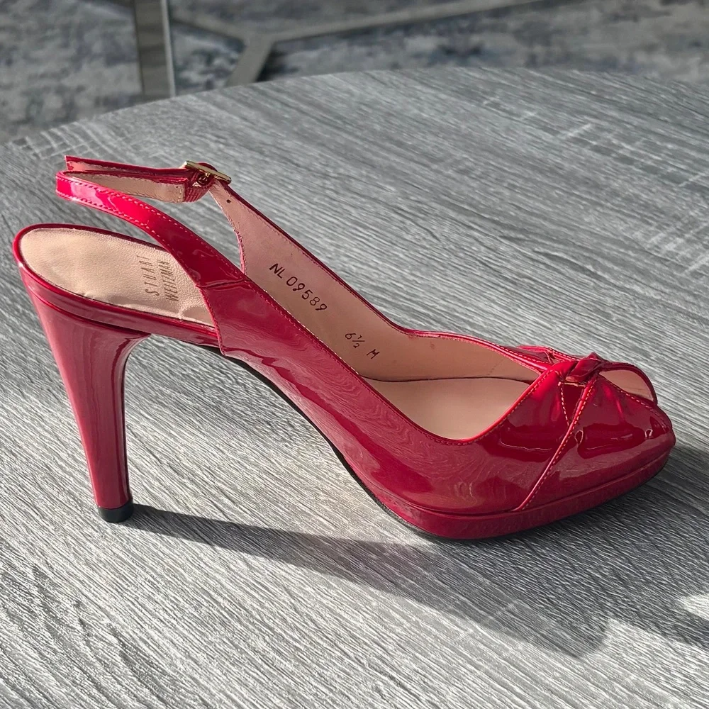 Stuart Weitzman Red Patent Leather Slingback Peep Toe Heels 6.5M NEW - Picture 5 of 8